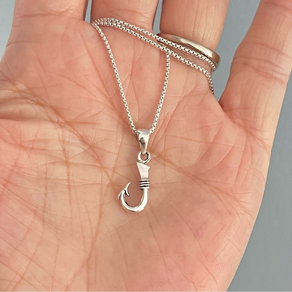 Sterling Silver Small Fish Hook Necklace, Fishing Chains, Fisherman Jewelry - Picture 9 of 9